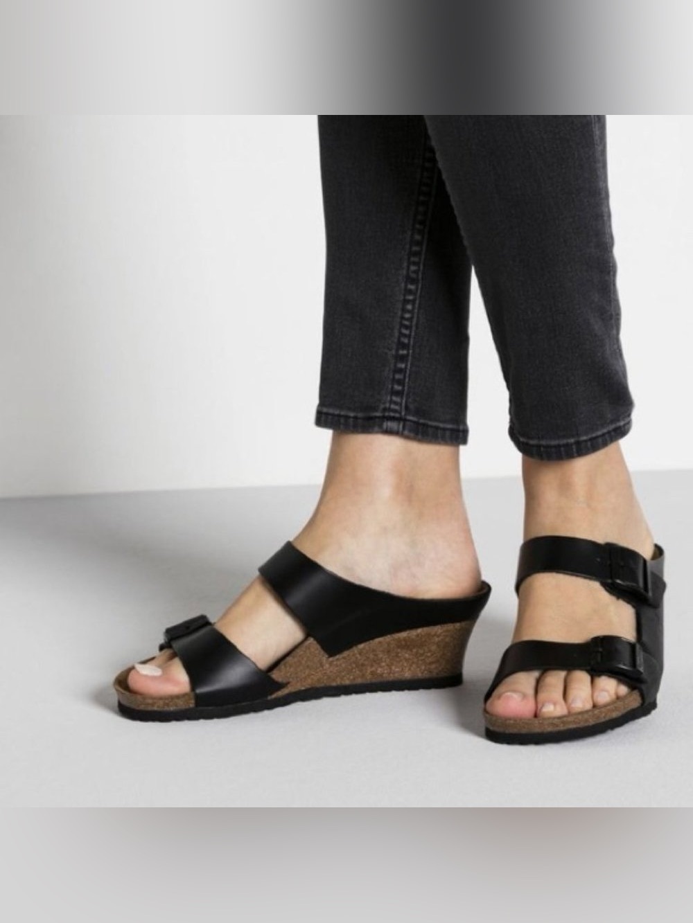 Papillio By Birkenstock Size 37/6 Emina Black Leather Double Buckle Wedge Sandal